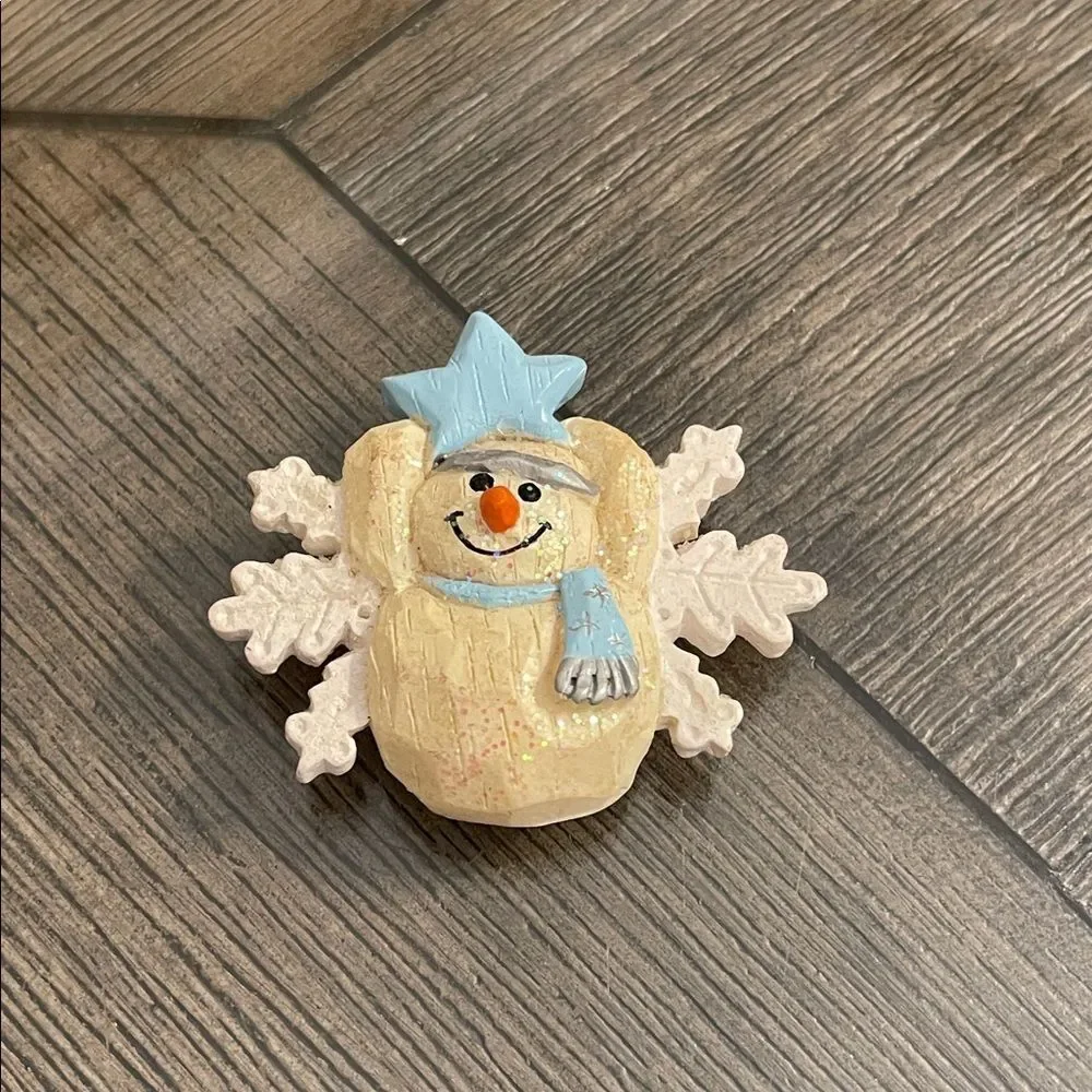 Vintage Charming Cream Snowman & Snowflake Pin with Blue Accents Holiday Brooch